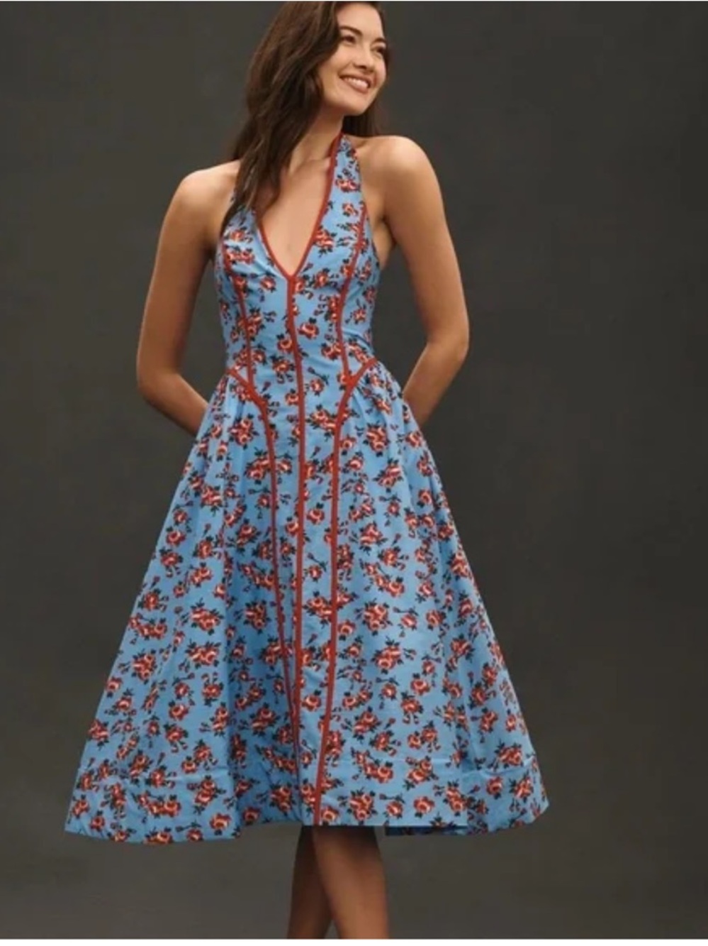 Anthropologie Floral Halter Fit-and-Flare Midi Dress